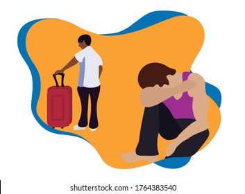 two men fighting, fight between lgbt couple, man walking away with a suitcase by the door, man crying, pride, community, vector illustration.