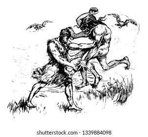Two men are fighting flying birds in background vintage line drawing or engraving illustration