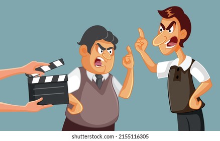 Two Men Fighting on a Reality TV Show Vector Cartoon. Funny co-stars having a heated argument on set