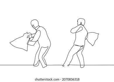 two men are fighting with pillows - one line drawing vector. adult game concept 