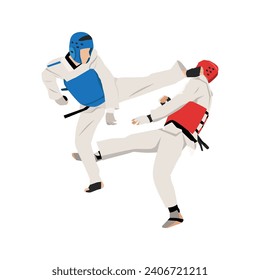 Two Men Fighting in Taekwondo Competition martial art match. Flat vector illustration isolated on white background