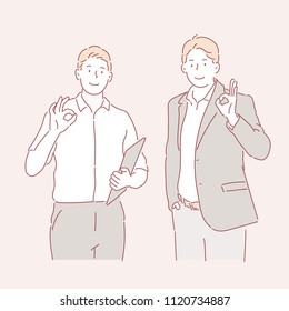 Two men with fingers giving OK signs. hand drawn style vector doodle design illustrations.