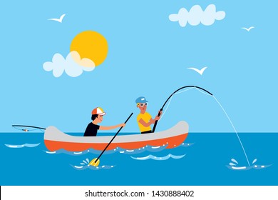 Two Men Fishing In The Boat In The Sea.