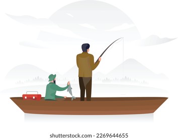 Two Men Fishing At A River Camping Scene UI Banner Illustration Vector EPS