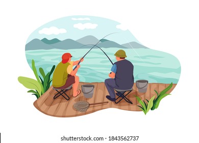 Two men fishing at a river Vector Illustration concept. Flat illustration isolated on white background.