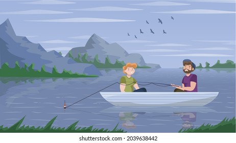 Two men with a fishing rod on the lake fishing. Blue and green colours, mountains, bright characters.  
