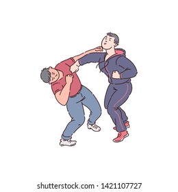 Two men fist fight, angry people in conflict action, male bully attack on victim, self defence hit on face. Aggressive violence drawing in cartoon characters, isolated vector illustration.