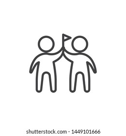 Two men with flag line icon. linear style sign for mobile concept and web design. Man gives flag to another human outline vector icon. Teamwork symbol, logo illustration. Vector graphics