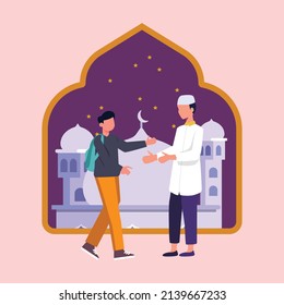 Two men forgive each other by shaking hands. Islamic Family eid mubarak concept vector Illustration.