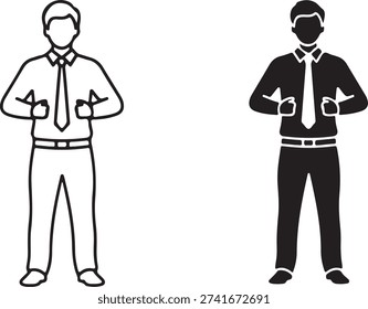 Two men in formal attire with different color schemes standing side by side isolated on white background, illustration
