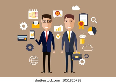 Two men in formal classical suits surrounded with business icons. Successful partnership, career theme. Corporate flat style vector.