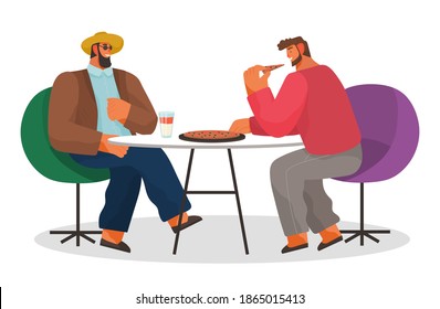 Two men friends sitting on modern chair at a table eating pizza vector illustration. Stylish male characters having lunch in a pizzeria on white background. Business partners has dinner in a cafe