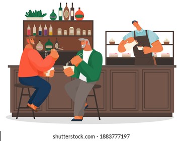 Two men friends sitting on modern chair eating noodles in restaurant. Male characters holding sticks and boxes with japanese food. Business partners has dinner in a cafe interior flat vector