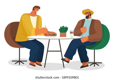 Two men friends sitting at a table eating in a restaurant vector illustration isolated on white background. Stylish male characters having lunch in bar. Business partners has dinner in a cafe