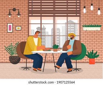 Two men friends sitting at a table eating in a restaurant illustration. Stylish male characters having lunch in bar with loft style interior with brick wall. Business partners has dinner in a cafe