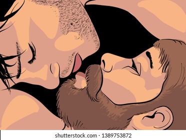 Two men are gay, looking at each other with tenderness. Lie face to face. Concept illustration to the topic of LGBT and homosexuality. Vector illustration.