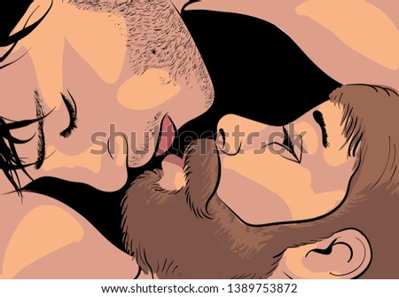 Two men are gay, looking at each other with tenderness. Lie face to face. Concept illustration to the topic of LGBT and homosexuality. Vector illustration.