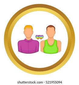 Two men gay vector icon in golden circle, cartoon style isolated on white background