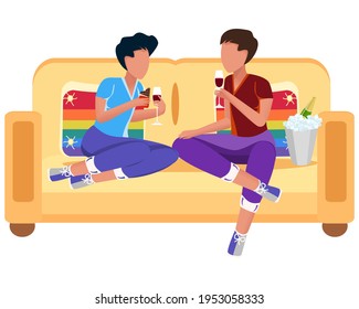 Two men. Gays, transgender people. Two lovers are sitting on the couch and drinking red wine. The concept shows transgender relationships. Close-up. White background. Cartoon style.