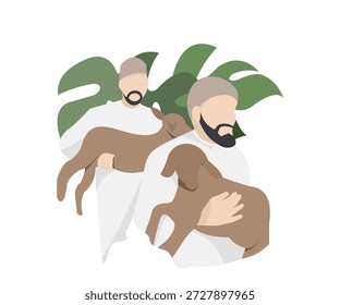 Two Men Gently Holding Lambs in a Flat Style, Eid Adha Icon