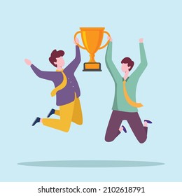 Two men get reward trophy because  they winning the target sales . Team work. Hard work. Vector colorful illustration.