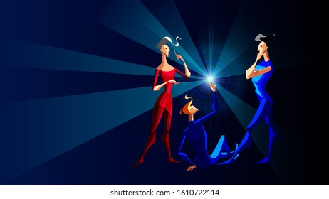Two men and a girl are studying the phenomenon. People think, discuss a problem and make a decision. Stylized vector illustration