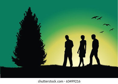 two men and girl walking on hill near tree, green background