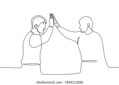 two men give five to each other - one line art drawing vector. two friends smile with their hands up and clap their palms. the concept of friendship, successful negotiations, teamwork