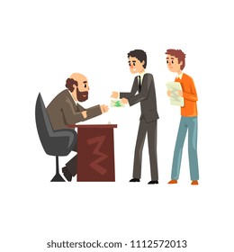 Two men giving money to get permission, official taking a bribe, corruption and bribery concept vector Illustration