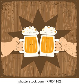 Two men with glasses of beer who toast.Vector grunge poster