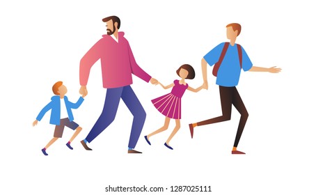 Two men go with children. Boy and girl holding hands fathers. Two fathers and two children. Non-traditional family . Illustration in flat style.