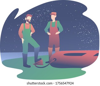 Two men go fishing. Fisherman inflates a boat in nature. Camping to the lake under the starry sky.