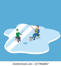 Dos hombres van a pescar en el hielo a través de un agujero isométrico 3d concepto de ilustración vectorial para banner, sitio web, ilustración, página de aterrizaje, volante, etc.