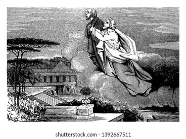 Two men going up into heaven in cloud, pyramid, staircase and trees under them, one man clasped his hands in prayer, vintage line drawing or engraving illustration