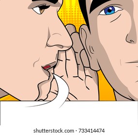 Two men gossiping with speech bubble. Vector cartoon, retro style close up illustration.
