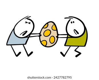 Two men got into a fight over an Easter egg. Vector illustration of stickmans tearing out colorful egg, arguing who found it first. Isolated character on white background.