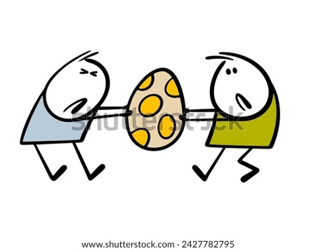 Two men got into a fight over an Easter egg. Vector illustration of stickmans tearing out colorful egg, arguing who found it first. Isolated character on white background.