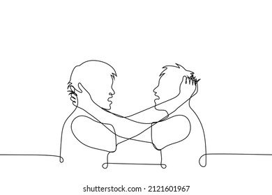 two men grabbed each other by the hair they are angry    one line drawing vector  concept male fight  aggression 