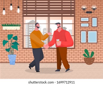 Two men greet each other on home reception. Friends spending leisure time together. People talk on banquet or meeting with drinks. Room interior with houseplants and window. Vector illustration