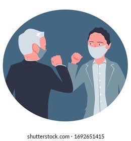 Two men greet with elbows instead of shaking hands. Vector, cartoon illustration.