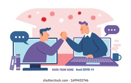 Two men greeting each other through computer screen during COVID-19 outbreak, work from home concept flat design