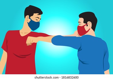 Two men greeting each other using their elbows