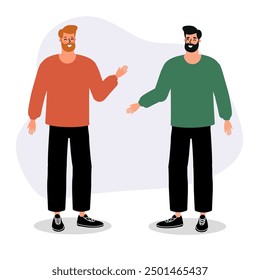 Two men greeting each other with friendly gestures in a bright, minimalist setting