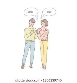 Two men or guys of brunettes show basic words of sorry and love. Basic words for the deaf, sign and body language for the deaf mute. Isolated vector illustration in flat line style.