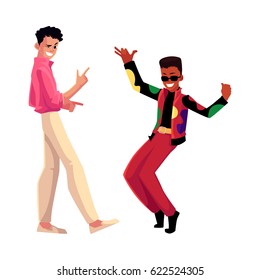 Two Men, Guys, Caucasian And Black, In 1980s Style Clothes Dancing Disco, Cartoon Vector Illustration Isolated On White Background. Men, Friends In 80s Style Clothing Dancing At Retro Disco Party