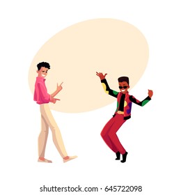 Two men, guys, Caucasian and black, in 1980s style clothes dancing disco, cartoon vector illustration with space for text. Men, friends in 80s style clothing dancing at retro disco party