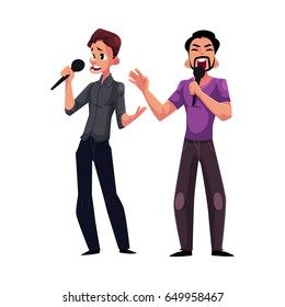 Two men, guys singing in duet, holding microphones, karaoke party, contest, competition, cartoon vector illustration isolated on white background. Two men, boys, guys, karaoke singers singing together