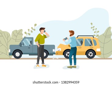 Two men had a car accident. Motor Insurance. Guy calling by cell phone. Another guy taking picture on his mobile phone. Flat vector illustration. 