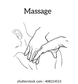 Two men hands doing the massage. Black and white sketch illustration of a relaxation treatment, massage.