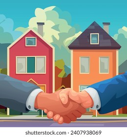 two men handshake in front of houses